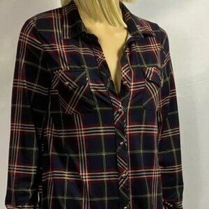 * Papermoon Button Front Plaid Shirt Long Sleeve Poly/Spandex- Soft Womens S